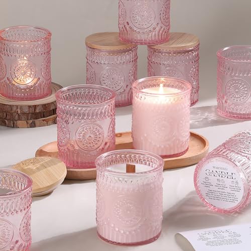 DARJEN 10 Pack Pink Candle Jars for Making Candles- 7.5 OZ Empty Glass Candle Making Jars with Bamboo Lids and Labels, Candle Containers Candle Making Jars for DIY Gifts