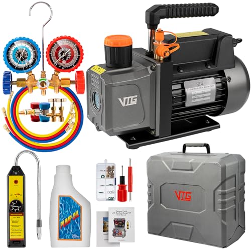 VTG VOGTEN 4.5 CFM AC Vacuum Pump and Gauge Set,for Mini Split/HVAC/Auto Systems,Manifold Gauge Kit Fits R134a R12 R22 R502,with Leak Detector,Upgraded Trifold Storage Case,3 Hoses,2 R134a Can Taps