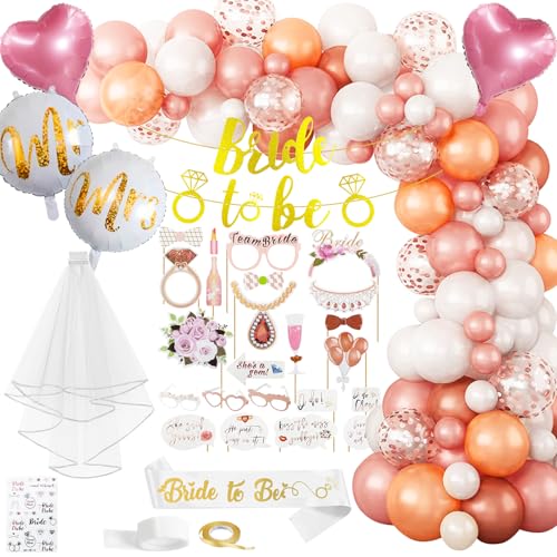 Image of DONQL Hen Party Decoration - Bride to Be Kit with 46PCS Balloons, Banner, Photo Props, Sash, Veil & Tattoo Stickers