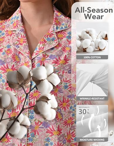 Image of NAP BOUND 100% Cotton Pajamas for Women 2 Piece PJs Set Long Sleeve Button Down Breathable Woven Sleepwear Loungewear XS-XXL