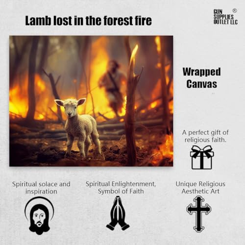 Image of Jesus and Lamb Canvas Wall Art Lamb Lost in the Forest Fire Picture Wall Art Canvas Print Christian Home Decor 12x16 inch