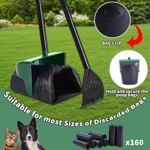 Image of ienjoyed Pooper Scooper Large Swivel Bin & Rake with 160 Waste Bags,Heavy Duty Dog Pooper Scooper with Bag Attachment for Dogs, Long Handle Poop Scooper with Lid for Yard, Grass, Gravel(Dark Green)
