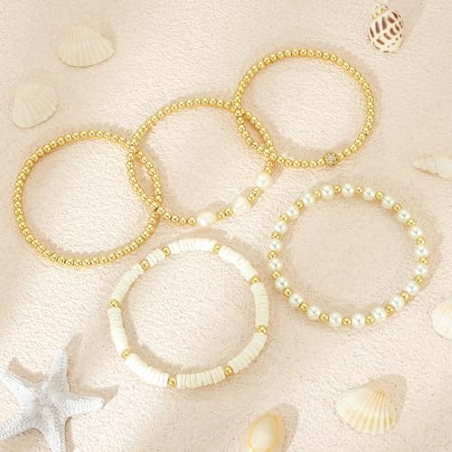 Gold Bracelets for Women Gold Bracelet Stack Pearl Beaded Bracelets for Women 14K Gold Plated Stretch Bead Ball Bracelet Sets Jewelry for Mother's Day Birthday Gifts2