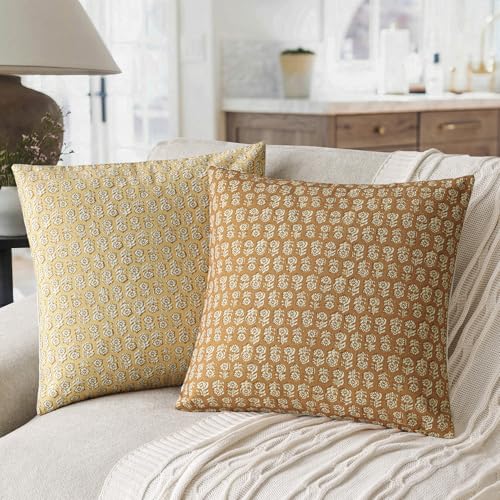 Image of Foindtower Set of 2 Decorative Neutral Floral Print Throw Pillow Covers Vintage Accent Farmhouse Cushion Cover Boho Home Decor For Sofa Couch Chair Bedroom Living Room Outdoor,20x20 Inch,Golden Orange