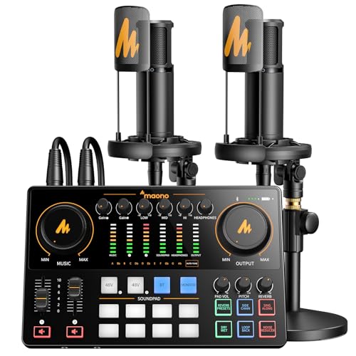 MAONO Podcast Equipment Bundle for 2: Audio Interface Mixer with 2 XLR Condenser Mic Noise Reduction Podcast Streaming MaonoCaster E2 Gen2B