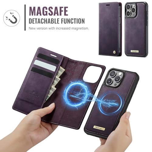 Image of Wallet Case for iPhone 13 Pro Compatible with Magsafe, 2-in-1 PU Leather Flip RFID Blocking Card Holder Stand Shockproof Magnetic Detachable Cover for iPhone 13 Pro Case 6.1 inch, Retro Purple