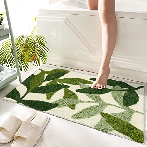 Hi Space Leaf Bath Mat Bath Rugs Non-Slip Plush Shaggy Bathroom Mat Boho Soft Fluffy Microfiber Machine Washable Absorbent Doormat, 20''X31'' Green Tropical Bamboo Leaf #TOP7