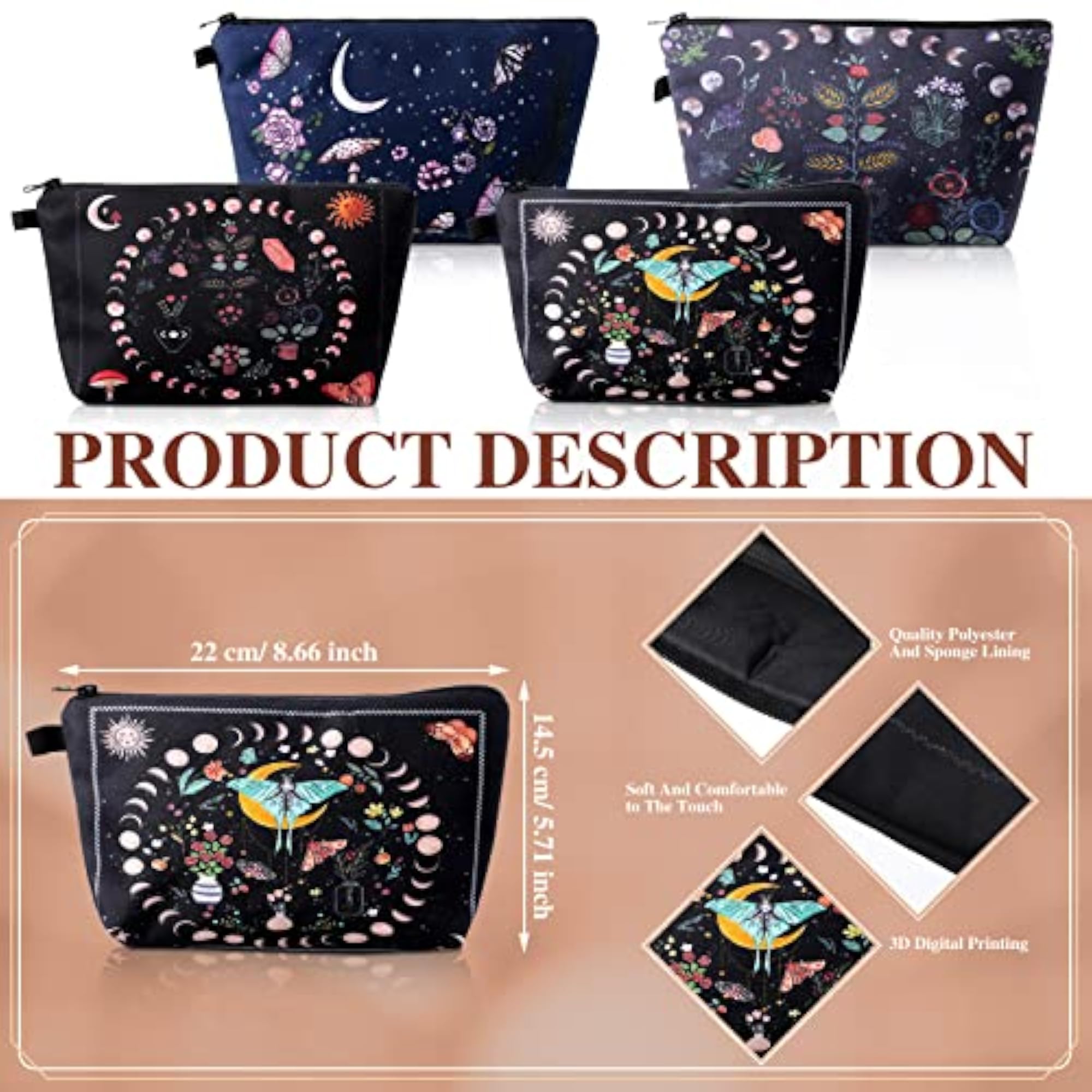 4 Pcs Witch Moon Makeup Bag Pouch Set, Portable Zipper Bags
