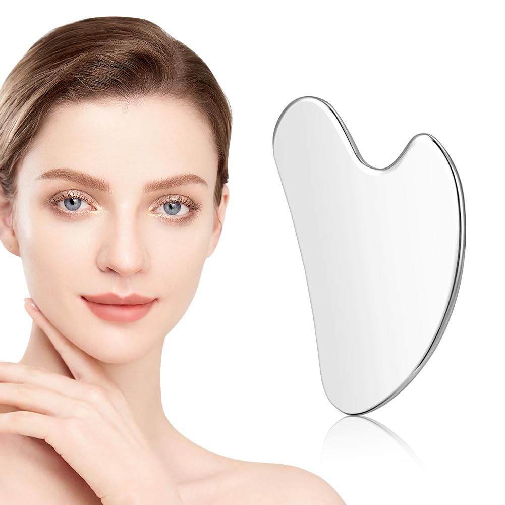 URAQT Gua Sha narzędzie do masażu, deska Gua Sha ze stali nierdzewnej, narzędzie do twarzy Gua Sha, do rzeźbienia szczęk i redukcji obrzęków, metalowa Gua Sha do masażu twarzy
