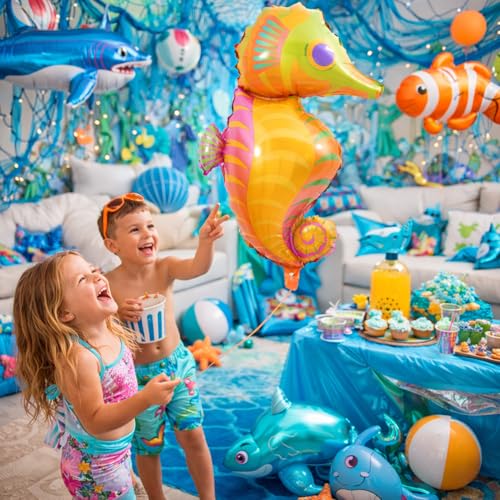 Image of Rozi Decoration Seahorse Shape Foil Balloon for Birthday Parties Decoration, Ocean Theme Balloon for Kids Celebration, Pool Party, Beach Theme Event and Underwater Decor Pack of 1