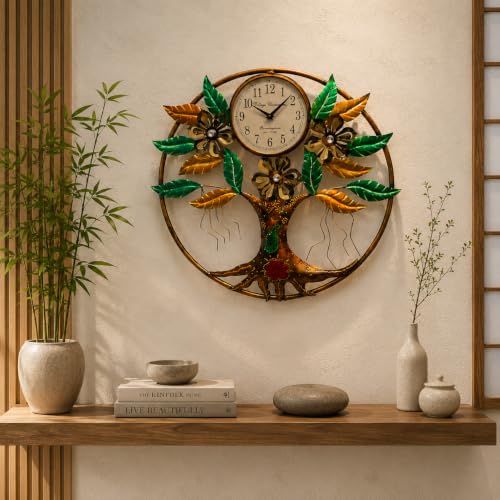 Image of STREET CRAFT - Multicolor Tree of Life Metal Wall Decor with Clock Handpainted Iron Floral Leaf Wall Art for Living Room Bedroom Home Decoration (25 x 25 Inch)