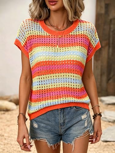 Image of Crochet Tops for Women Spring Summer Shirts Cute Mesh Top Cap Sleeve Cover Up Pullover Sweater Beach Vacation Clothes