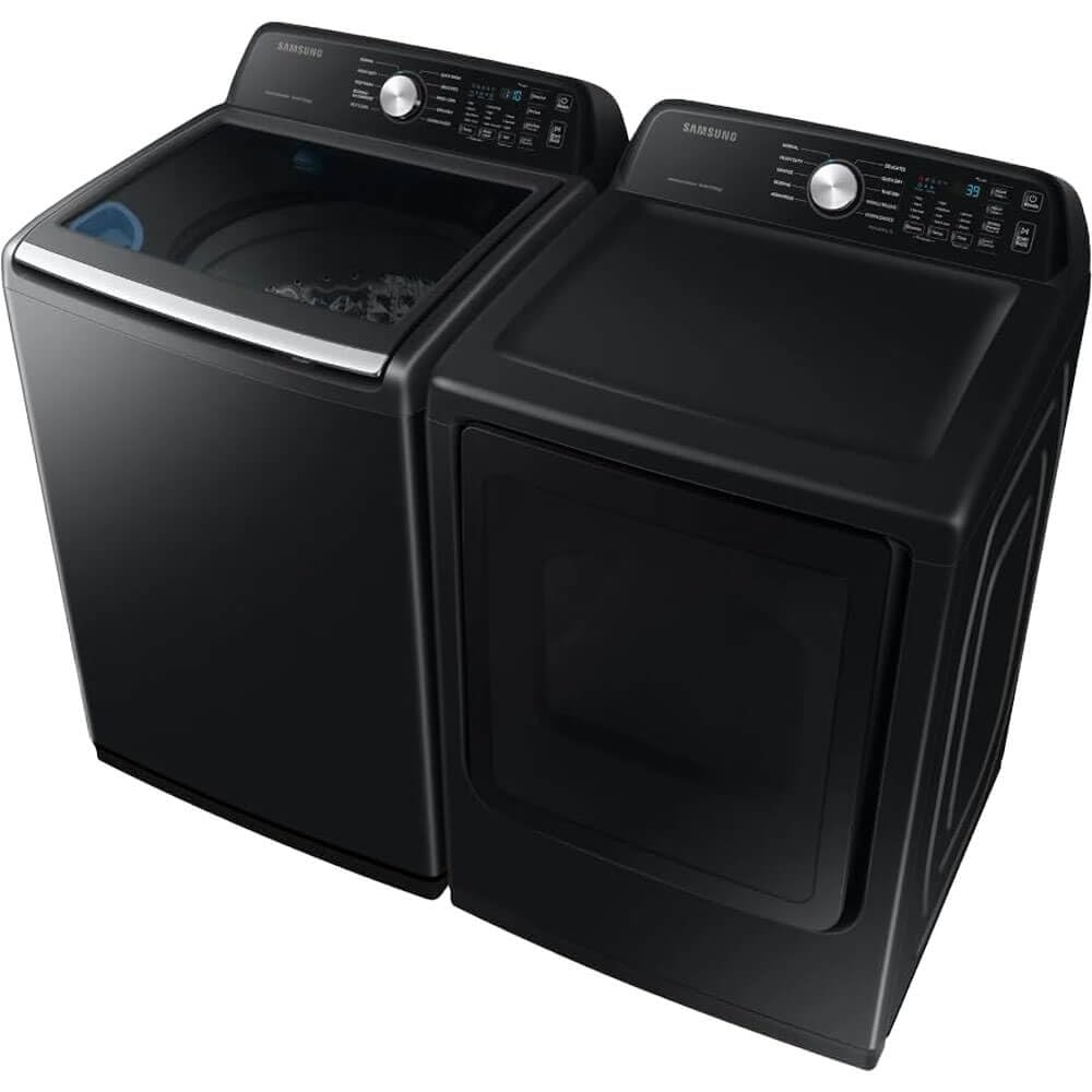 Samsung Smart 4.7 Cu Ft Top Load Washer & 7.4 Cu Ft Electric Dryer, Sensor Stops Overdrying, Low Vibration Quiet Wash, WaterJet w/Power Cords, Hoses, Vent Duct, 1 Year CPS Protection Bundle (Black)