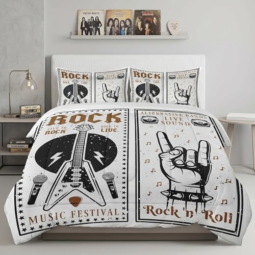 Pamnest Comforter Set Twin Size, Rock Roll Guitar Soft 2 Pcs Bedding for Kids and Adults, Retro Star Music Comforter Set with Pillowcase, for Bedroom Bed Decor