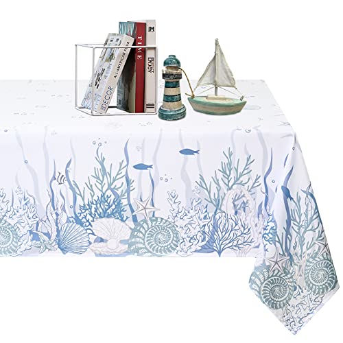 Vertkrea Nautical Coastal Table Cloth, Coral Seashell Decorative Tablecloth, Ocean Themed Starfish Waterproof Table Cover For Dining Table Parties And Camping, 55''X55'', Blue #TOP11