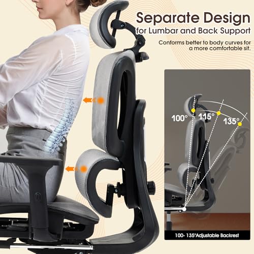 Image of ECOTOUGE Mesh Ergonomic Office Chair with Footrest, High Back Mesh Gaming Chair with Lumbar Support, Adjustable Headrest and Armrests for Home Office Desk Chair, Grey