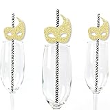 Gold Glitter Masks Party Straws - No-Mess Real Gold Glitter Cut-Outs & Decorative Masquerade Mardi Gras Party Paper Straws - Set of 24