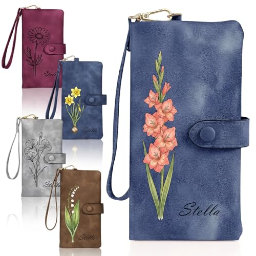 Image of Custom Wallet for Women Personalized Birth Flower & Name Purse Soft Leather Bifold Clutch with Strap Customized Gift for Mom Girlfriend