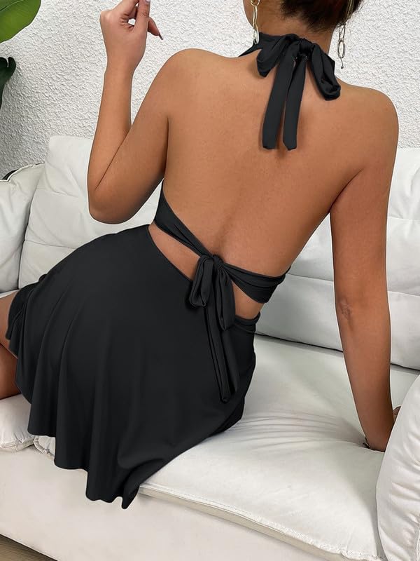 Robe Femme Sexy sans Manches Col Halter Robes Moulante Elegant Bodycon Dos Nu Robe Courte d'Été Décontractée Mini Robes à Volants pour Soirée Clubbing Cocktail Fête