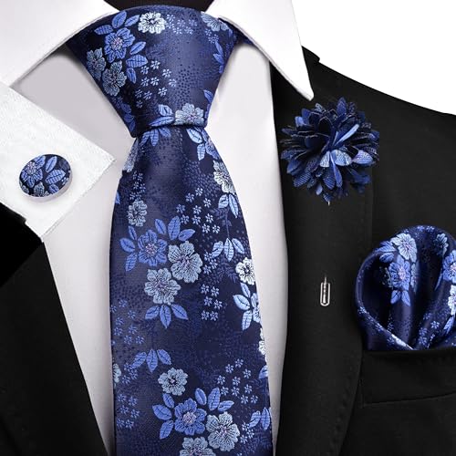 Image of GUSLESON 3.15 inch(8cm) Mens Floral Tie and Lapel Pin Necktie Hankerchief Cufflinks Set for Men