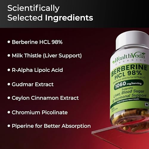 Image of Health Veda Organics Berberine Supplements | Berberine HCL 98% 500mg (1060mg per Serving) | Blood Sugar Support, Metabolism Booster | With Gymnema (Gudmar), Cinnamon, R-ALA, Milk Thistle & Chromium | 60 Veg Capsules