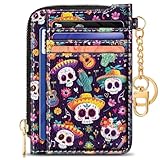 GIANCOMICS Slim Wallet Credit Card Holder Women, Sugar Skull Rfid Blocking Small Card Case, Keychain Thin Pocket Curved Zipper Wallet, Travel Card Holder PU Leather ID Window, Ladies Female Gifts