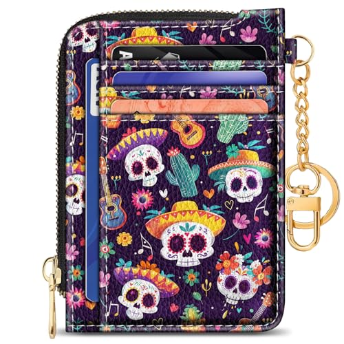 Image of GIANCOMICS Slim Wallet Credit Card Holder Women, Sugar Skull Rfid Blocking Small Card Case, Keychain Thin Pocket Curved Zipper Wallet, Travel Card Holder PU Leather ID Window, Ladies Female Gifts