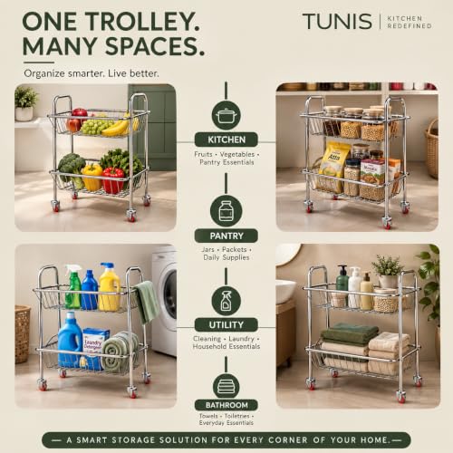 Image of TUNIS Tier Stainless Steel Kitchen Storage Trolley with Wheels | Multipurpose Vegetable & Fruit Rack Organizer | Movable Storage Cart for Kitchen, Pantry & Home (Open Wire Trolley, 2 Tier)