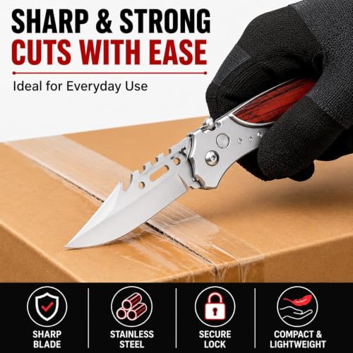 Image of Folding Utility Cutter, Stainless Steel Blade with Wooden Handle, Compact Folding Knife for Fruit & Vegetable Cutting, Package and Carton Opening
