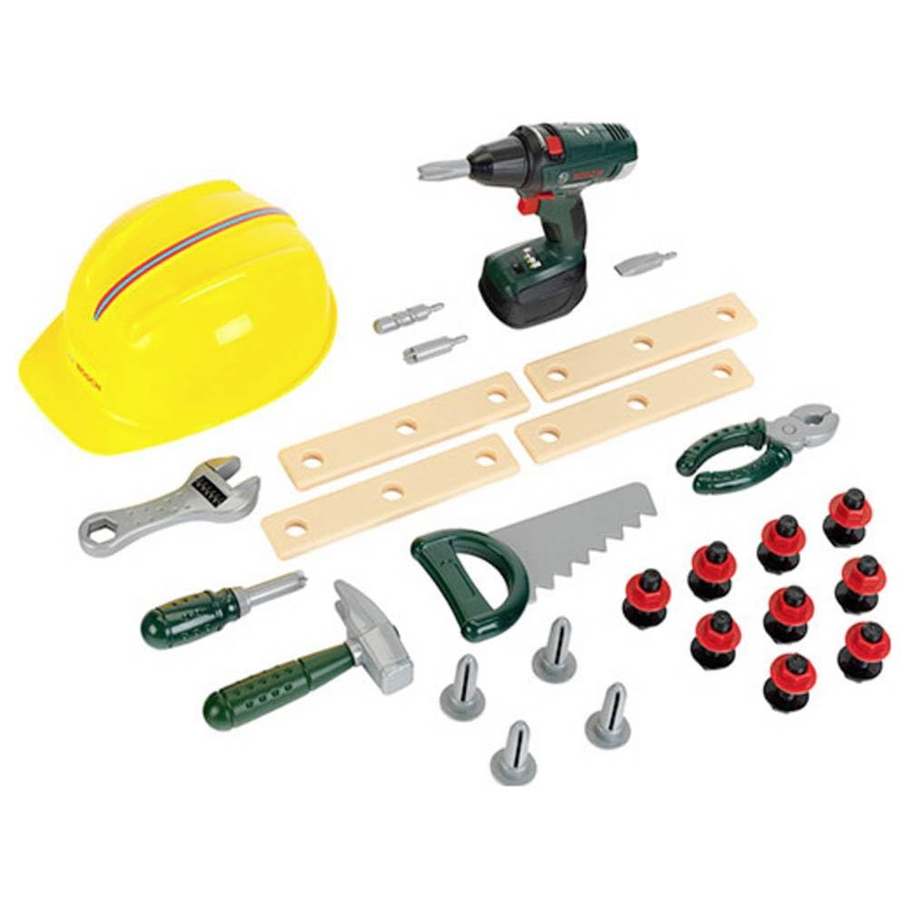 Theo Klein 8417 Set de Bricolage Bosch, 37 pièces - avec visseuse : bruitage, Fonction Lumineuse, Deux Sens de Rotation, etc. - Nombreux Accessoires Dont Un Casque - pour Enfants dès 3 Ans