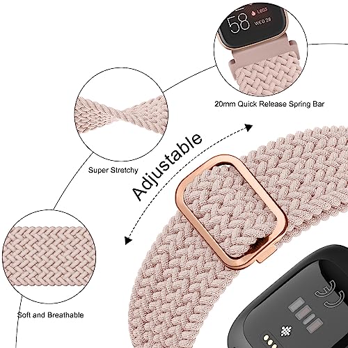Wanme Braided Stretchy Straps Compatible with Fitbit Versa 2 Straps for Women Men Soft Stretchy Adjustable Nylon Breathable Sport Strap for Fitbit Versa 2/Versa/Versa Lite/SE Smartwatch (Rose) - Image 3