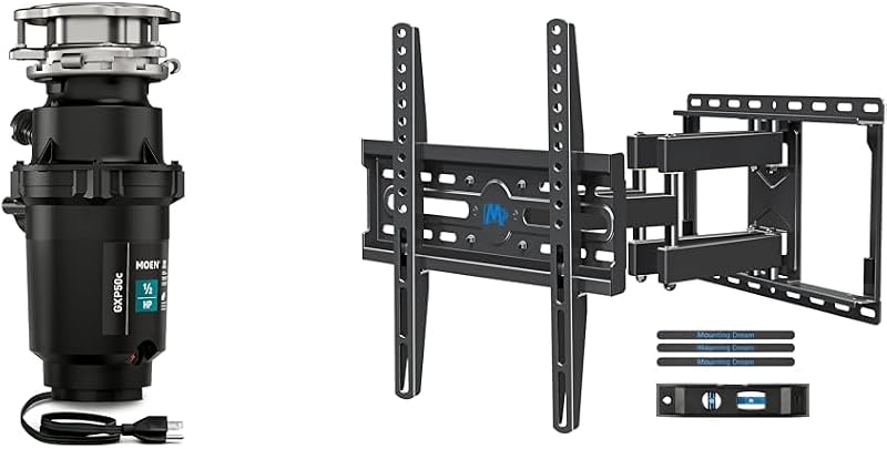 Prep Series PRO 1/2 HP Continuous Feed Compact Garbage Disposal, Power Cord Included, GXP50C & Mounting Dream TV Wall Mount for 32-65 Inch TV, TV Mount with Swivel and Tilt