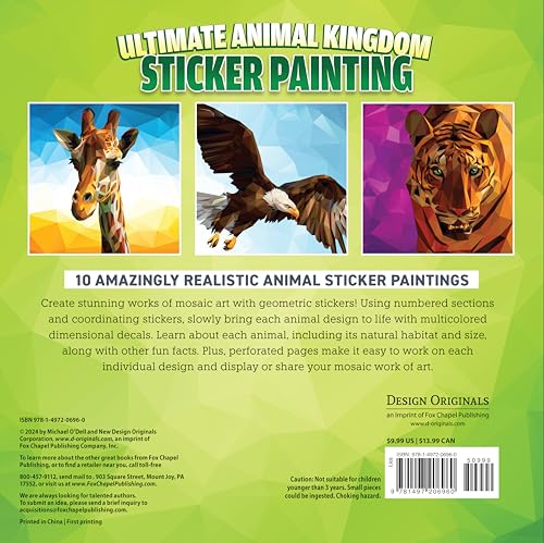 Ultimate Animal Kingdom Sticker Painting: 10 Incredible Paintings (Design Originals) Sticker by Number for Adults - Lion, Owl, Eagle, Giraffe, Frog, Tiger, and More, on Perforated Pages - Image 2