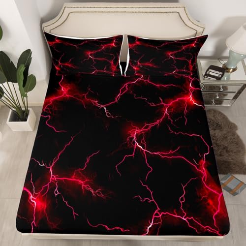 Neon Red Lightning Fitted Sheet,Red Flash Print Modern Cool Bedding Set for Kids Teens Adults,Simple Lines Natural Phenomena Bed Sheet with 2 Pillowcases(No Top Sheet),Queen Size 3 Pcs