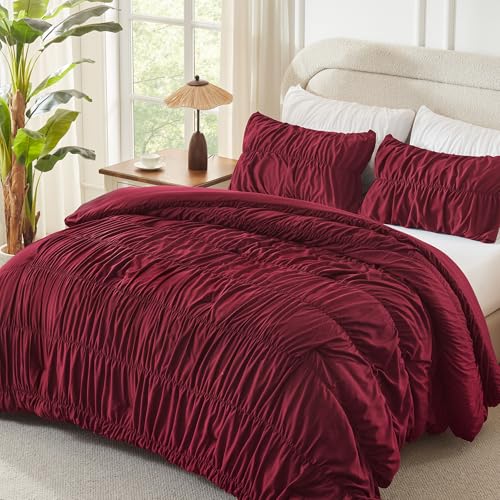 Image of Andency Ruched Burgundy King Size Comforter Set, Shabby Chic Pleated Bedding Sets 3 Pieces, Lightweight Soft Boho Ruffle Bed Set for Girls, Kids, Women, All Season
