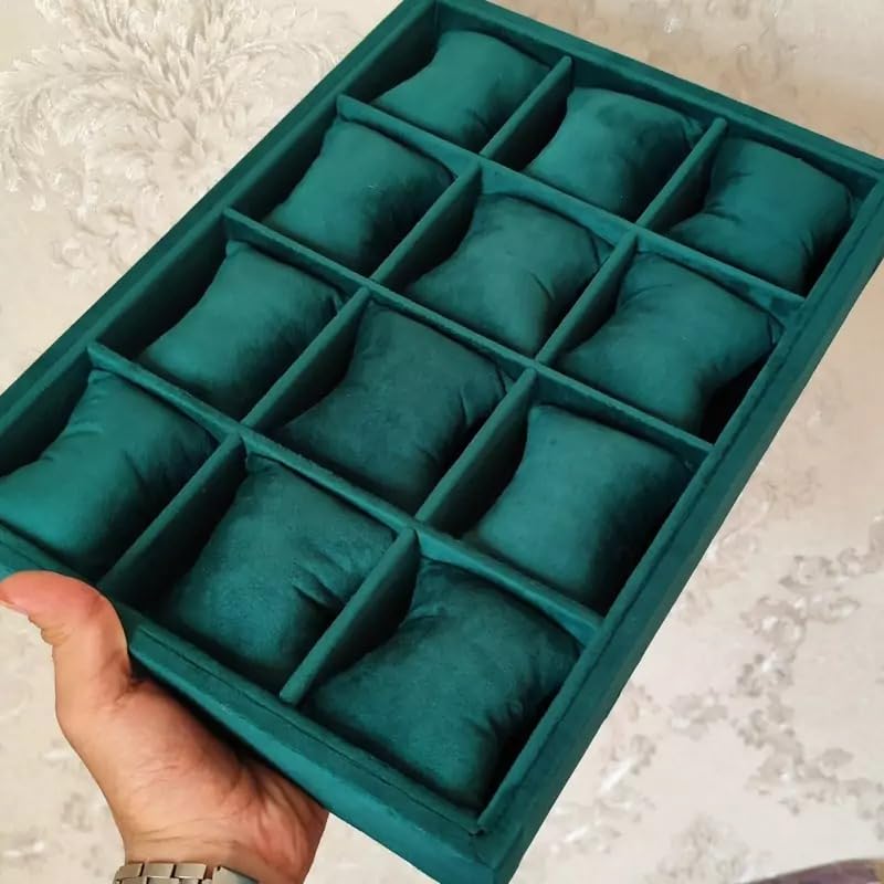 Image of Velvet Jewellry Drawer Organizer Stackable Tray (12 Pillow Watch, Green)