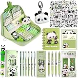 LJJINGXS Cute Panda Pencil Case With 12 Compartments-Gift Set Includes Ball-Point Pen, Plush Keychain, Panda Stickers, Bookmark, Notebook and Sticky notec