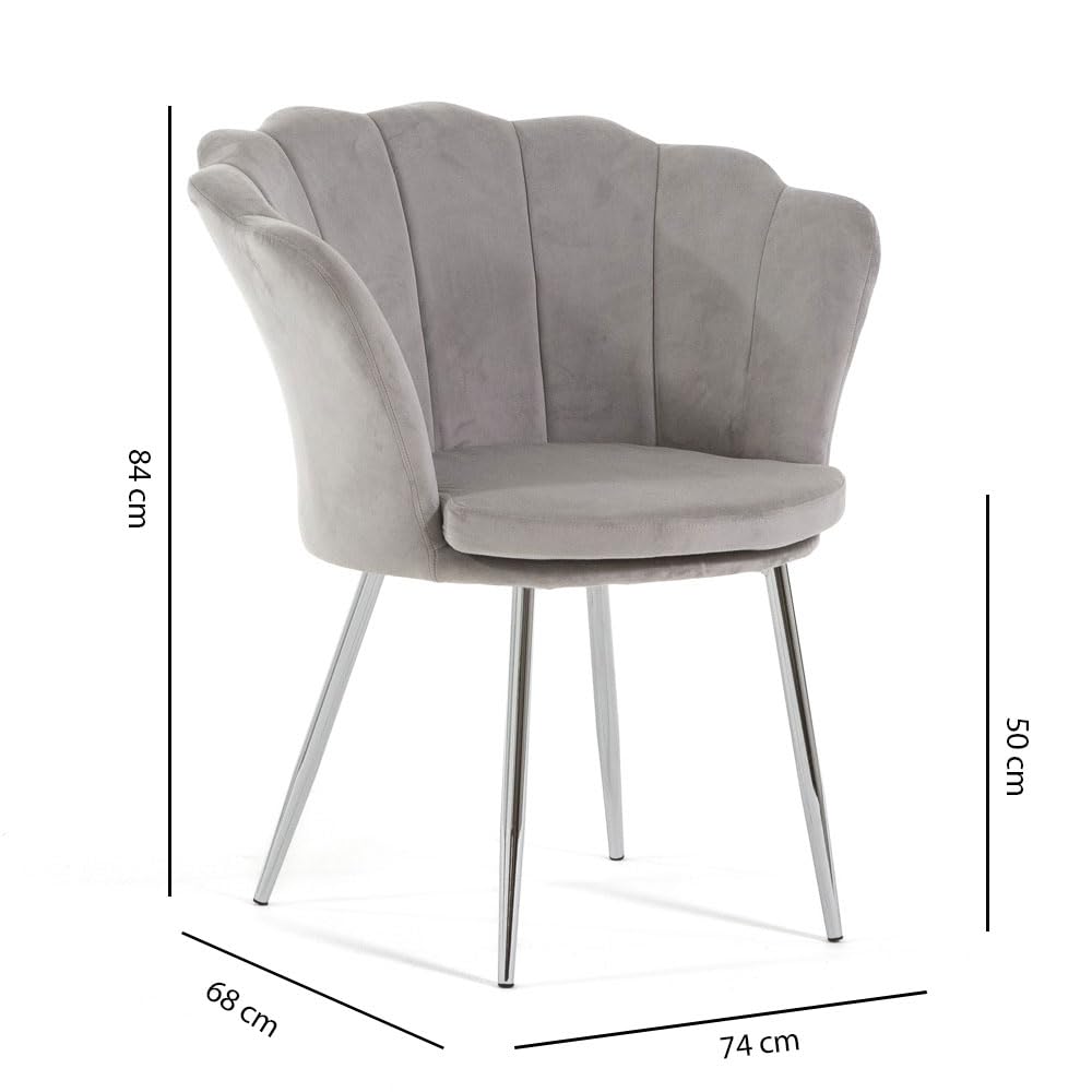 Poltroncina imbottita con schienale a conchiglia in velluto con gambe cromate e cuscino, poltrona da salotto, camera da letto e sala da pranzo Shelly (Gambe Argento, Velluto Grigio Chiaro)