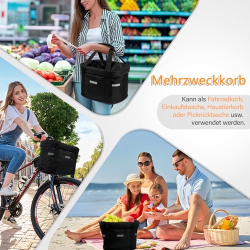 Bibykivn Fahrradkorb Vorne, Faltbar Wasserdicht Fahrrad Lenkerkorb, Abnehmbare Fahrradkorb für Haustiere mit Aluminiumrahmen, für Kleiner Hund, Einkaufen, Reisen (Schwarz Reflektierend)