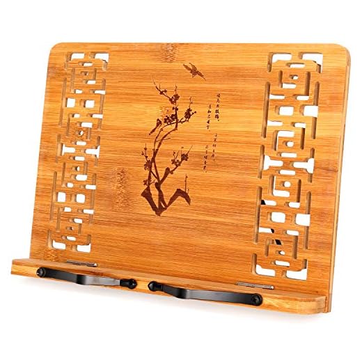 MEGREZ Bamboo Foldable Book Stand (13 x 9.4 inch) Reading Frame Rest Holder Cookbook Cook Stand/Tablet PC Textbook/Music Document Stand/Desk Bookrest with Retro Hollow, Plum Blossom