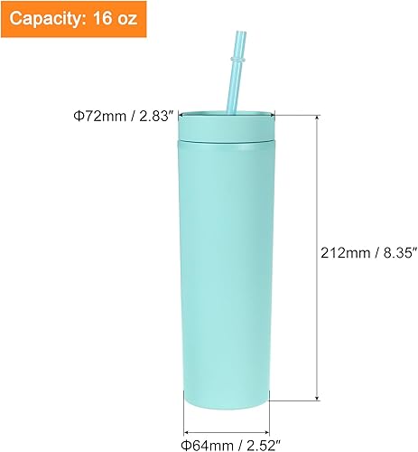 Miniatura 2 de uxcell Vaso delgado con tapas y popotes, 16 onzas, color verde mate, vaso de acrílico pastel reutilizable, vaso de plástico de doble pared para
