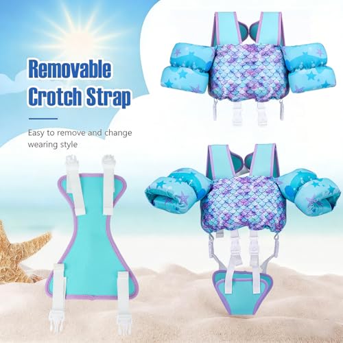 Image of Proberos Kids Swim Vest Cartoon Print, Non-Inflatable Child Buoyancy Float Jacket with Adjustable Straps & Crotch Safety Strap, Lightweight Swimming Aid for Toddlers and Children Age 3-6-Blue