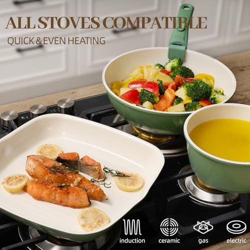 Image of Ceramic Cookware Set Non Stick 23Pcs Pots and Pans Set Non Toxic with Detachable Handle Induction Kitchen Cookware Set Space Saving, Oven & Dishwasher Safe, Green