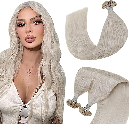 Blonde U Tip Keratin Hair Extensions Natural Utips Real Hair Extensions Platinum Blonde #60 Straight Pre Bonded Human Hair Extensions 22 Inch 50 Strands 50g