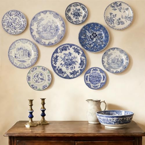 Yiyiring 10 Pcs Holland Wall Sculpture Plates for Wall Ceramic Vintage Blue and White Plates Set Vintage Dinnerware Set Dining Gifts Display Home Bedroom Office Art Ornament (Retro)