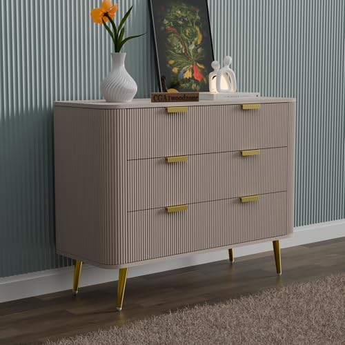 Image of Wooden Chest of Drawers | 3 Drawers Dresser Console Cabinet for Bedroom, Living Room, Drawing Room & Office | Multipurpose Storage Sideboard|HDMR Premium Wood & Iron | Taupe