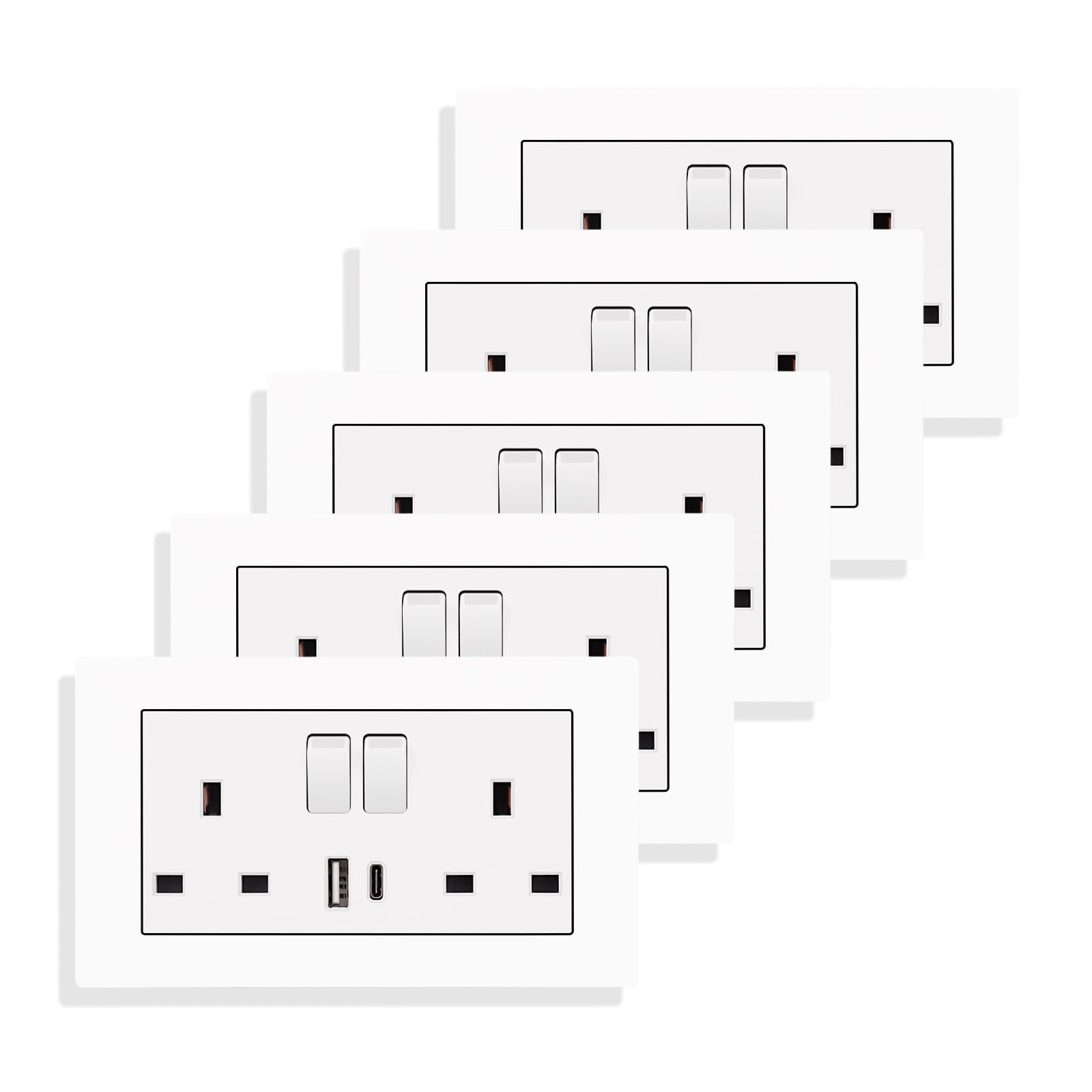 JIMEIDA 5 Pack Double Switched Power Socket White 13 Amp with USB-A And Type-C Charging Ports Crystal Wall Outlet Electric Power Socket 146mm*86mm — image 1