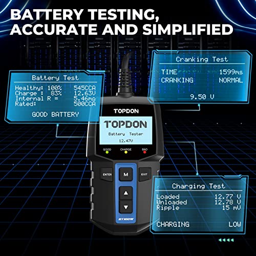2 In 1 Car Battery Tester, Topdon Bt100W 12V Bluetooth Battery Tester Automotive Supported Battery Library, 100-2000 Cca Alternator Tester Digital Battery Load Tester Charging Cranking System Tester #TOP4