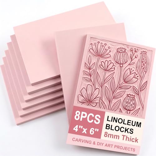 Image of SGHUO 8pcs 4 inchx6 inch Rubber Carving Blocks, Soft Linoleum Block for Printmaking, Rectangle Linocut Blocks Stamp Carving Tools, Easy Cut Lino Blocks Crafts Making Kit (Pink-8mm Thick)