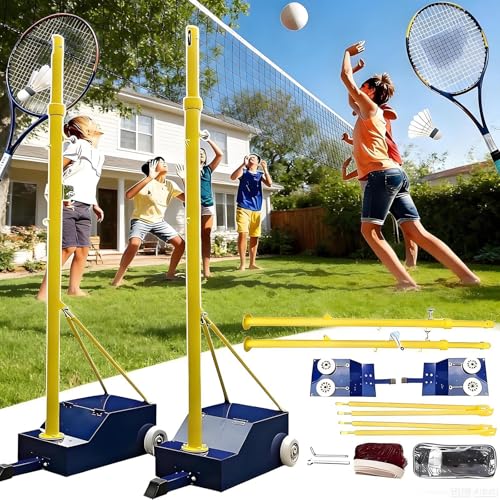 menglanchang Postes De Voleibol/BáDminton 2 En 1 2026 Nuevo,Red De Voleibol Y BáDminton para Patio Trasero,Juego Deportes Al Aire Libre PortáTil con Altura Ajustable (5-6.9Pies),Ruedas Y Base Estable
